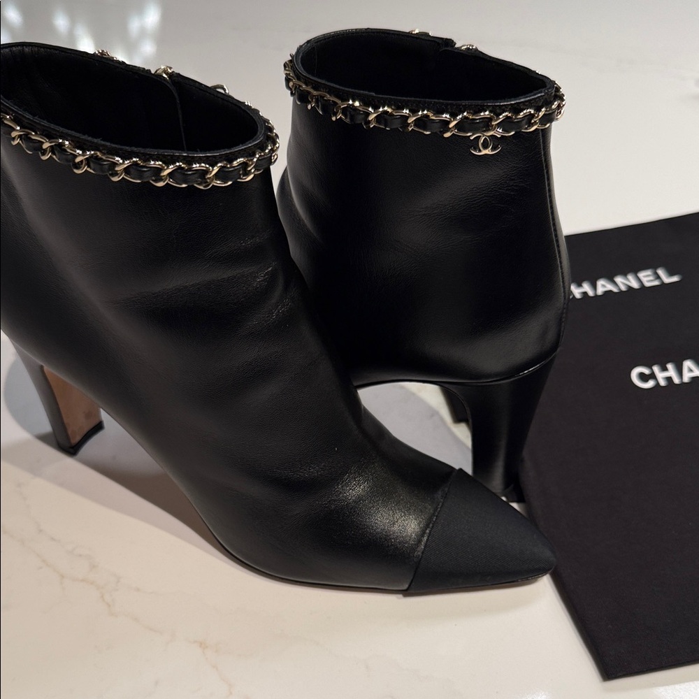 CHANEL Black Ankle Boots with Chain Detail